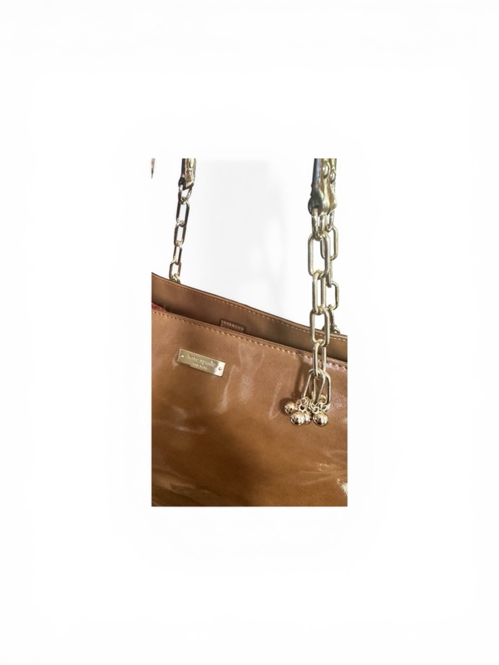 Kate Spade Patent Leather Tote Brown Gold Chain Large Shoulder Bag EUC - Picture 9 of 12